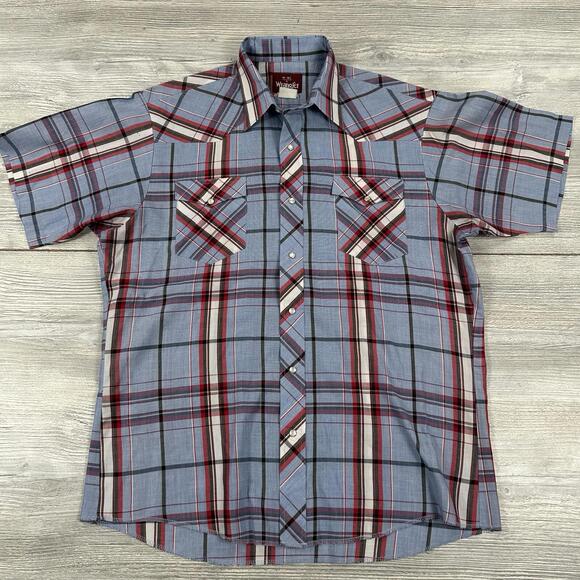 VTG Wrangler Shirt Mens Large Red White Baby Blue Pearl Snap Made USA EUC - Picture 2 of 6